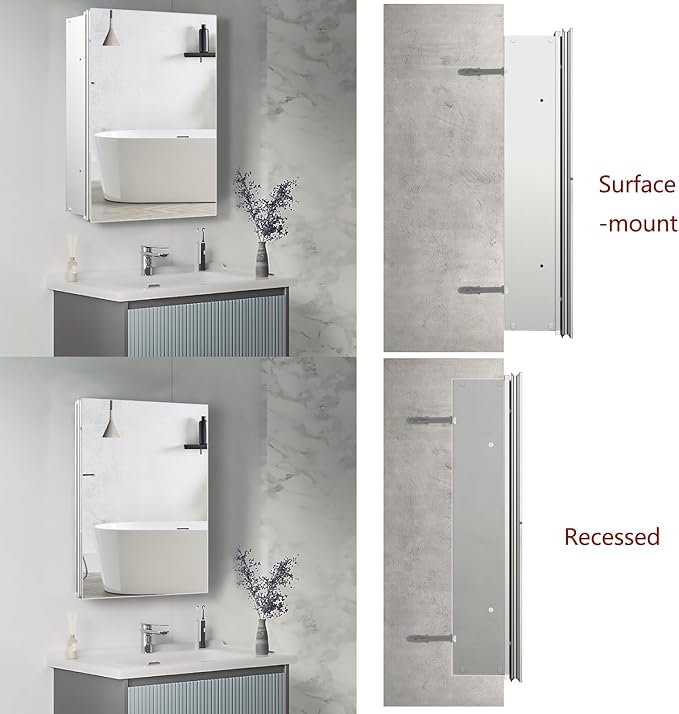 Bathroom Medicine Cabinet with Mirror, 16x20 Inch Small Mirror Cabinet, Assembly Needed, Aluminum Alloy Frame with Mirror, Surface or Recessed Medicine Cabinet with Removable Glass Shelves