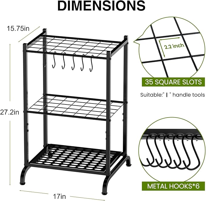 Garden Tool Organizer with Storage Hooks, Yard Tool Tower Rack for Garage Organization and Storage, Up to 35 Long-Handled Tools, Metal Tool Holder with 6 Hooks, Black