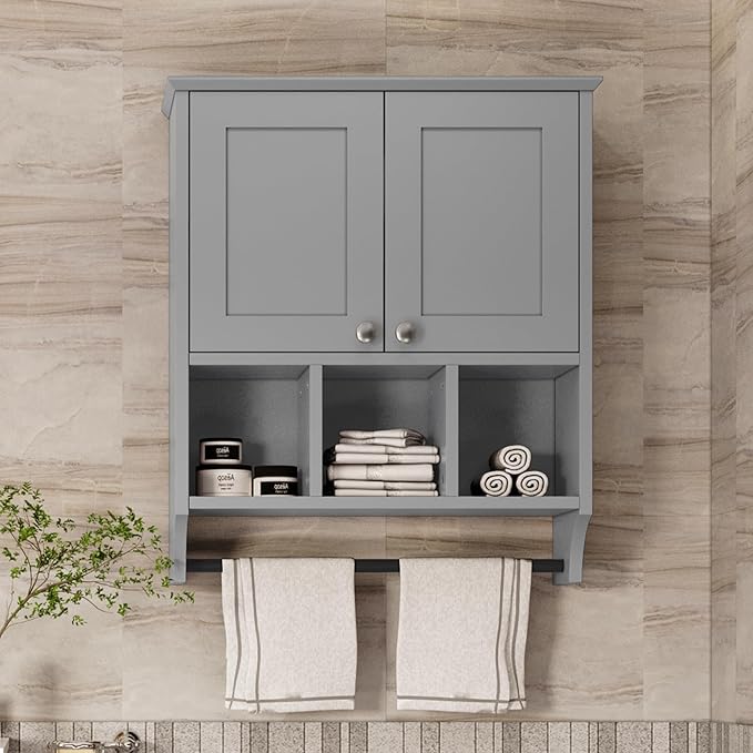 Medicine Cabinets, Bathroom Cabinet Wall Mounted 2-Door with 3 Open Shelves, Over The Toilet Storage Cabinet with Towels Bar for Toilet, Bathroom (Grey)