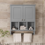 Medicine Cabinets, Bathroom Cabinet Wall Mounted 2-Door with 3 Open Shelves, Over The Toilet Storage Cabinet with Towels Bar for Toilet, Bathroom (Grey)