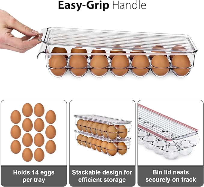 Sorbus Soda Can Organizer for Refrigerator & Egg Holder for Fridge Set, 2 Stackable Can Holder Dispenser Holds 12 Cans Each & 2 Egg Holders with Lid holds 14 eggs for Fridge, Pantry, Freezer, BPA-Free