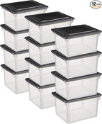 Sterilite File Box, Stackable Storage Bin with Lid, Organize Receipts, Bills, Taxes and Papers in the Home, Office, Clear Base with Black Lid, 12-Pack