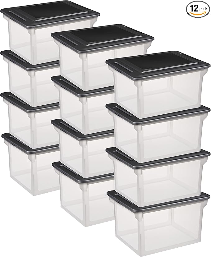 Sterilite File Box, Stackable Storage Bin with Lid, Organize Receipts, Bills, Taxes and Papers in the Home, Office, Clear Base with Black Lid, 12-Pack