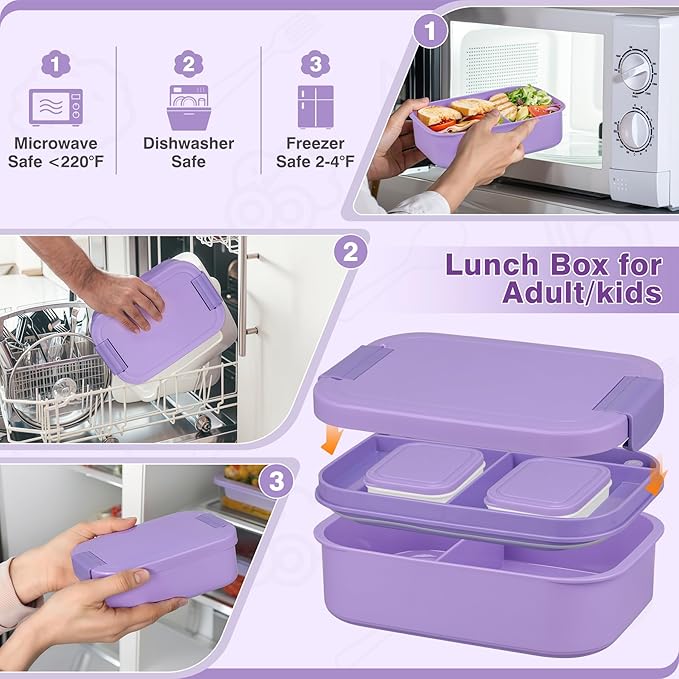 Bento Lunch Box Set with 10.5oz Soup Thermo Food Jar for Adults Kids, Stainless Steel Leak-proof Lunch Container with 4 Compartment, Coffee Tumbler with Lunch Bag for School Travel Office-Purple