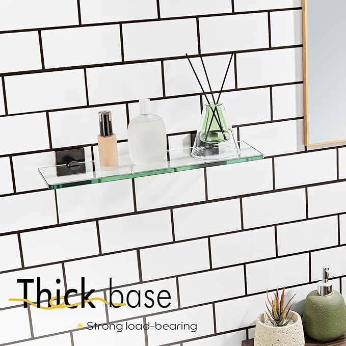 KOKOSIRI Tempered Glass Shelves 16-Inch Bathroom Floating Shelf Kitchen Hanging Rack for Shower Storage, Oil Rubbed Bronze Stainless Steel B1107ORB-L16