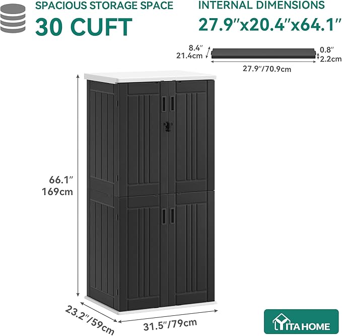 YITAHOME Outdoor Tall Storage Cabinet with 4 Shelves, Waterproof Resin Vertical Tool Shed, Lockable 30 cu. ft. Storage Shed for Patio, Garden, Yard, Dark Gray