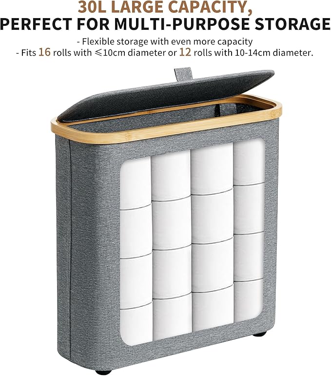 30L Toilet Paper Storage Basket with Lid & Handle, Bamboo Toilet Paper Organizer for Bathroom, Free Standing Toilet Paper Holder Stand for 12-16 Rolls, Bathroom Tissue Storage Bin