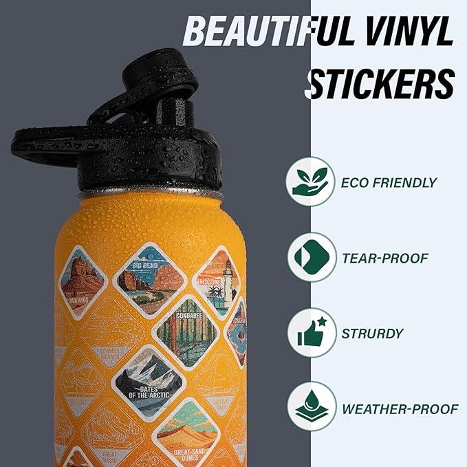 National Parks Water Bottle – 40 oz Insulated Stainless Steel Bottle with 63 Hand-Drawn Park Stickers, Carrier Bag, Strap & Gift Box – BPA-Free – Ideal for Hiking, Camping & Travel