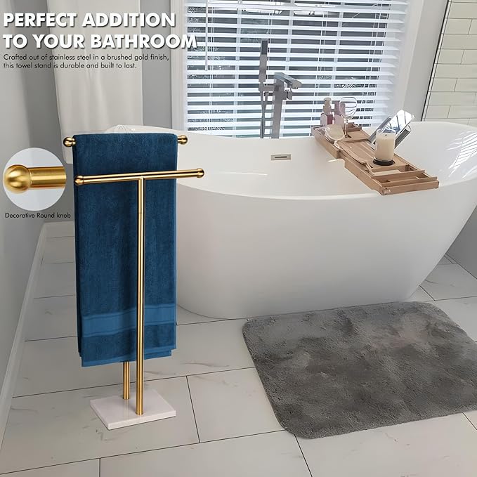 Standing Towel Rack Double-T Shape Tall Bath Towel Sheet Holder with Marble Design Base for Bathroom 2 Tier Towel Holder Stand Stainless Steel (Brushed Gold)