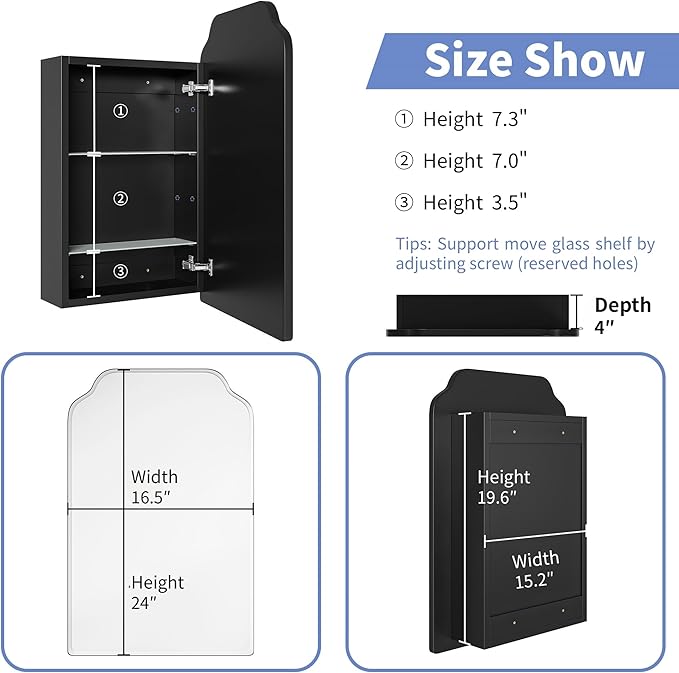 Victorian-Style Recessed Bathroom Medicine Cabinet, Wood Wall Cabinet with Curved Mirror, Bathroom Storage Cabinet, Black, 16.5x24 Inch