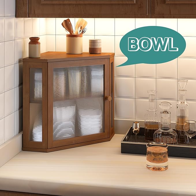 Corner Bread Box for Kitchen Counter, Bamboo Wood Large Capacity Bread Storage Bin with Acrylic Wavy Door Panel (Brown, Meduim)