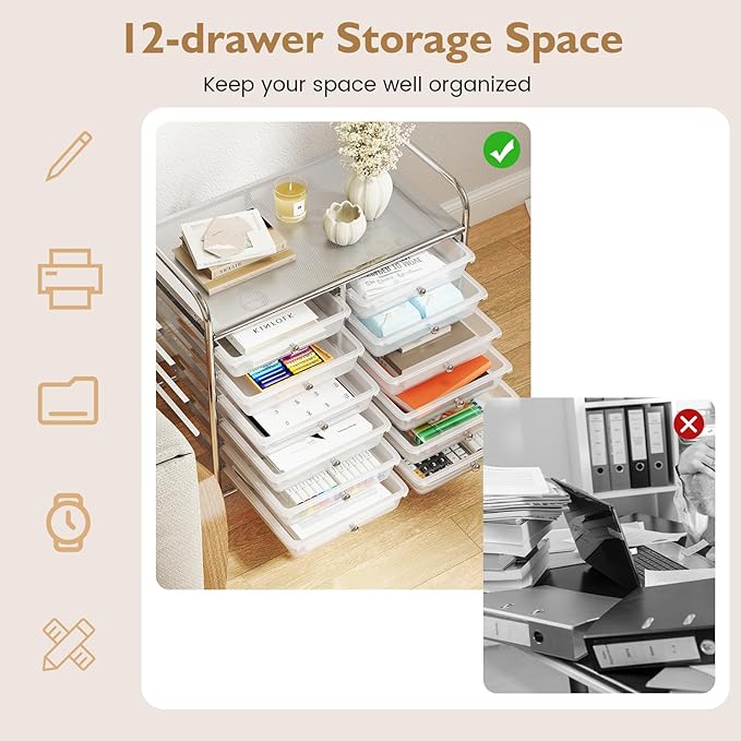GOFLAME 12-Drawer Rolling Storage Cart, Multifunctional Art Craft Organizer Cart, Mobile Utility Storage Cart with Removable Drawers & Lockable Wheels, Craft Cart for Home Office School, Clear