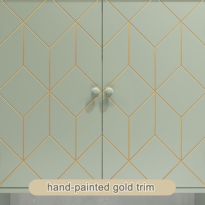 Over The Toilet Storage Cabinet with Gold Trim, Modern Bathroom Organizer Over Toilet with Adjustable Shelves and Toilet Paper Holder for Bathroom (Green)