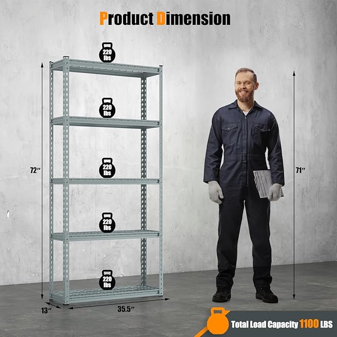 Giantex 5-Tier Storage Shelves Set of 2, Height Adjustable Metal Storage Utility Rack Shelf with Anti-Tipping Device, Heavy Duty Garage Shelving for Warehouse, Basement, 35.5" x 12" x 72", Grey