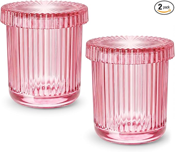 2 Pack Qtip Holder - Apothecary Jars with Lids, Bathroom Organizers and Storage Canister for Cotton Balls,Swabs,Floss Picks,Hair Ties,Clear Glass Vintage Bathroom Decor Jar Set (Pink)