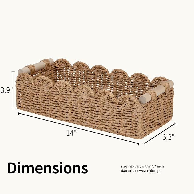 Scalloped Edge Bathroom Counter Organizer Basket with Wooden Handles, Khaki Paper Rope Toilet Tank Top Basket, Toilet Paper Storage Basket for Vanity, Shelves – 14" x 6.3" x 3.9"