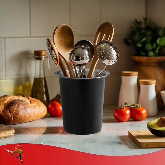 Stainless Steel Solid Flatware Utensils Holder, Caddy, Crock, Cylinder Cutlery Organizer for Kitchen Countertop (Matte Black)