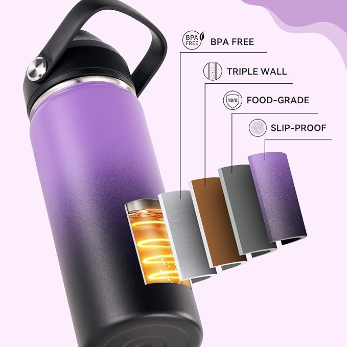 18oz Insulated Stainless Steel Water Bottle, Wide Mouth Double Wall Vacuum, Silicone Straw, Sweat & Leak Proof, BPA Free Insulated Water Flask for Travel, Purple & Black