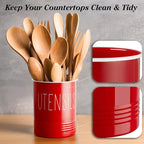 Bivvclaz Kitchen Utensil Holder - 6.7" Utensil Holder for Kitchen Counter - Cooking Utensil Crock with Cork Bottom - Red Decor and Accessories - Countertop Utensil Storage Caddy Organizer