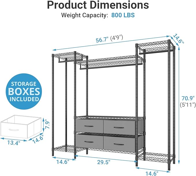 VIPEK V20 Wire Garment Rack Heavy Duty Clothes Rack, Metal Clothing Rack with 6 Shelves, 3 Hang Rods & 4 Fabric Drawers, Compact Wardrobe Closet, 56.7" L x 14.6" W x 70.9" H, Black