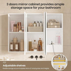 Hasuit Medicine Cabinet Organizer with Mirror, Lighted Bathroom Medicine Cabinet with Storage, 3 Doors Bathroom Wall Cabinet with LED Lights, Adjustable Shelves & Outlets, 31.5'' x 23.6'', White