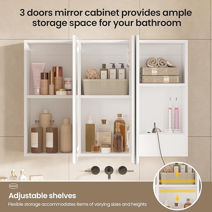 Hasuit Medicine Cabinet Organizer with Mirror, Lighted Bathroom Medicine Cabinet with Storage, 3 Doors Bathroom Wall Cabinet with LED Lights, Adjustable Shelves & Outlets, 31.5'' x 23.6'', White