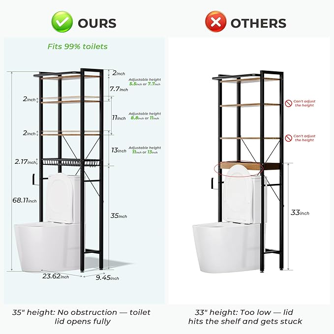 Over-The-Toilet Storage Shelf, 4-Tier Bathroom Organizer Shelf, Freestanding Space Saver Shelves Over Toilet with Adjustable Shelf for Bathroom, Brown
