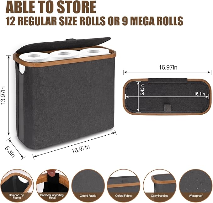 Toilet Paper Storage with Lid and Handle, 12 Roll Toilet Paper Basket Bathroom Standing Organizer, Folding Storage Bag with Foot Base, Slim Holder Container for Rolling Tissue, Towel- Grey