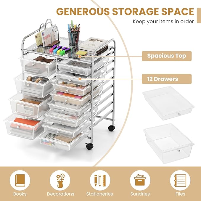 GOFLAME 12-Drawer Rolling Storage Cart, Craft Storage Cart with Removable Drawers & Lockable Wheels, Art Cart Supply Storage Organizer with Metal Frame for Home Office Classroom, Clear