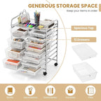 GOFLAME 12-Drawer Rolling Storage Cart, Craft Storage Cart with Removable Drawers & Lockable Wheels, Art Cart Supply Storage Organizer with Metal Frame for Home Office Classroom, Clear