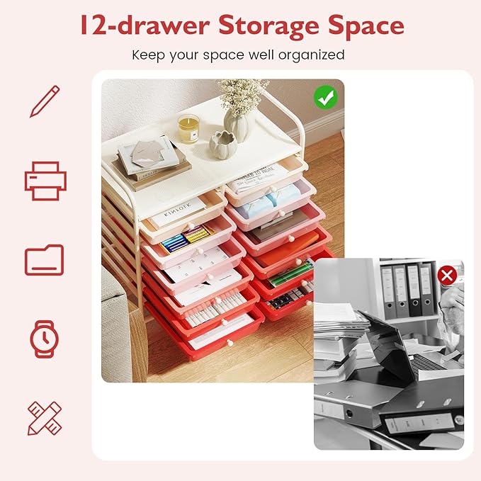 GOFLAME 12-Drawer Rolling Storage Cart, Multifunctional Art Craft Organizer Cart, Mobile Utility Storage Cart with Removable Drawers & Lockable Wheels, Craft Cart for Home Office School, Pink Gradient