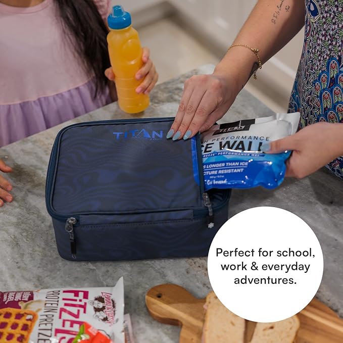 Titan by Arctic Zone Fridge Cold Lunch Box with 2 Gel Ice Packs, Small Insulated Cooler Bag with Leak Proof Lining for School and Work, Dark Wave