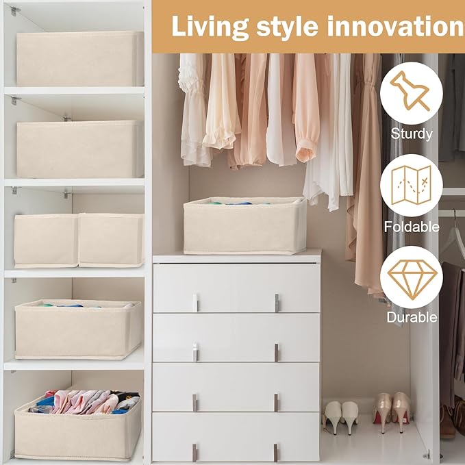 24 Set Fabric Dresser Drawer Organizer Bins Dividers for Clothes – Nursery Home Bins Fabric Foldable Closet Clothing Wardrobe Storage Box Container Basket for Bras Socks Underwear(Beige)