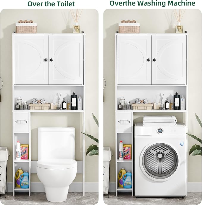Over The Toilet Storage Cabinet, 65" Tall Bathroom Space Saver with 2 Doors & 2 Adjustable Shelves, Freestanding Organizer Toilet Cabinet for Bathroom, Laundry Room, Modern White Storage Unit