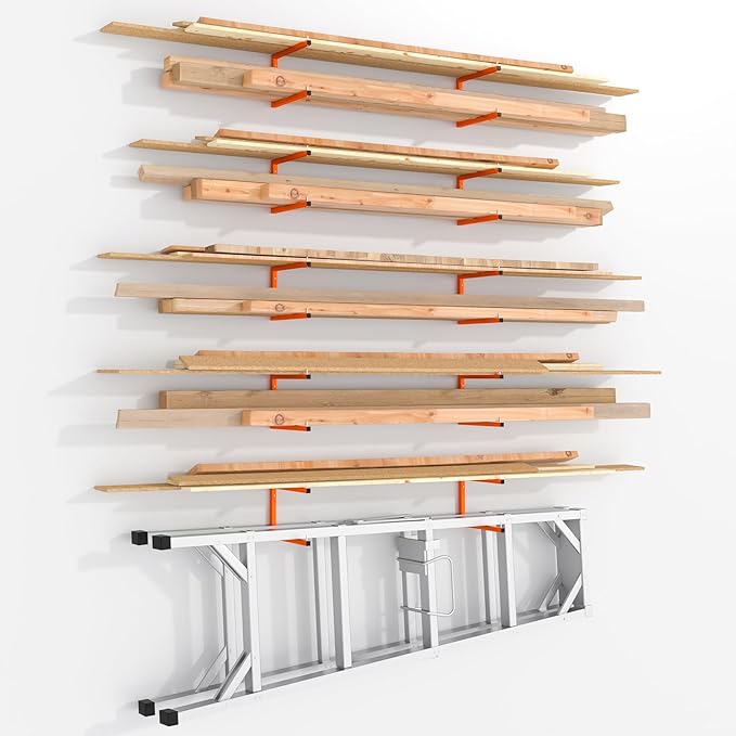 10 Pack Lumber Storage Rack | Wall-Mounted Wood Storage | 10-Tier Heavy-Duty Lumber Rack | 2200 lb Capacity Garage Metal Wood Organizer | Indoor/Outdoor Use (10 Pack-10 Level)