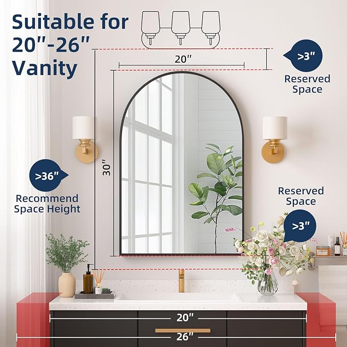 Medicine Cabinets for Bathroom, Black Arched Medicine Cabinet Recessed or Surface Wall-Mounted,Modern Bathroom Vanity Mirror with Storage, Mirrored Cabinet with Adjustable Shelves,20x30 Inch