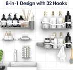 Shower Caddy Adhesive Shower Organizer 8-Pack, Rustproof Stainless Steel Bathroom Shelves, Large Capacity No-Drill Rack Storage Accessories with Soap Dish Toothbrush Holder Hooks