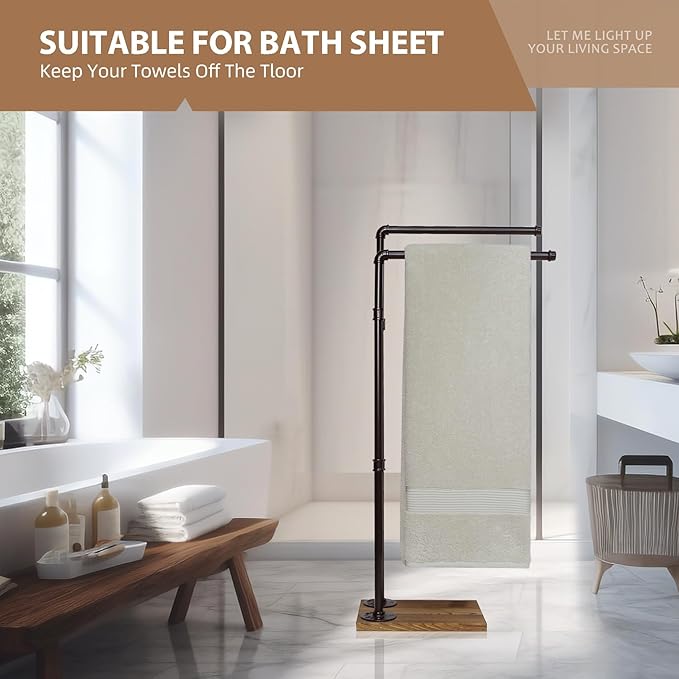 Hjarta 40 Inch Free Standing Towel Racks for Bathroom, Black Towel Holders with Wooden Base, 2-Tier Freestanding Towel Holder Stand for Bath Towel Sheet