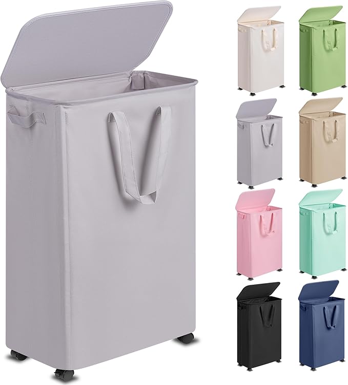 Slim Laundry Hamper with Lid and Wheels, Small Rolling Laundry Basket with Handle for Small Spaces, Tall Dirty Clothes Hampers for Dorm, Bathroom and Bedroom, 75L, Grey