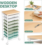 Rolling Cart with 8 Drawers, Storage Drawers Cart with Wooden Tabletop and Lockable Wheels, Utility Cart for Living Room, Office, Classroom, Craft Room, Green
