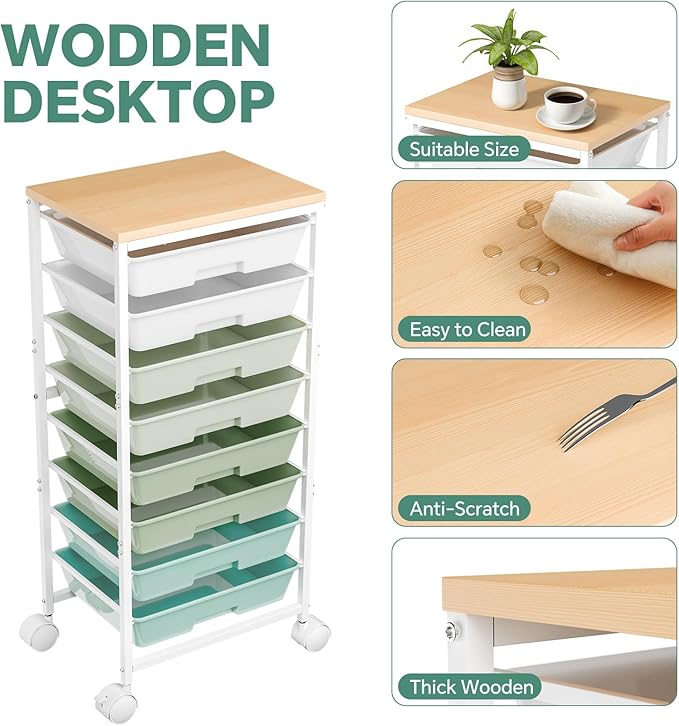 Rolling Cart with 8 Drawers, Storage Drawers Cart with Wooden Tabletop and Lockable Wheels, Utility Cart for Living Room, Office, Classroom, Craft Room, Green
