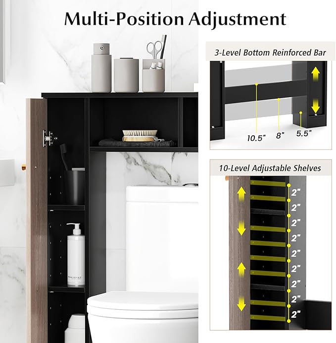 Tangkula Over The Toilet Storage Cabinet, Freestanding Above Toilet Organizer w/ 10-Level Adjustable Shelves & Crossbar, Anti-Tipping Device Included, Bathroom Space Saver (Modern, Black)