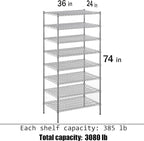 24" Deep x 36" Wide x 74" Height Wire Shelving Kit | 8-Tier | NSF Commercial Storage Rack Unit
