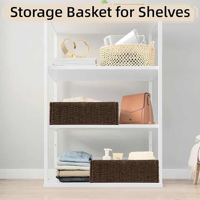 Paper Rope Wicker Storage Baskets with Handles, 2 Pack Foldable Storage Basket, Rectangle Wicker Basket, Small Wicke Baskets for Pantry Shelves, Toilet Paper Storage Basket for Bathroom, Brown