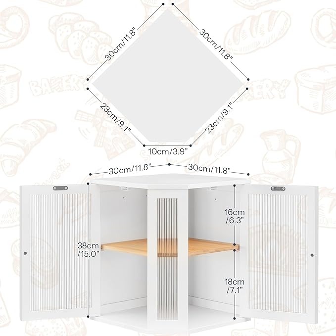 HOOBRO Bamboo Bread Box, Kitchen Countertop Corner Bread Box, Large Capacity 2-Tier Bread Container, Bread Storage Container with Dual Rippled Acrylic Doors, for Kitchen Food Storage, White WT12MB01