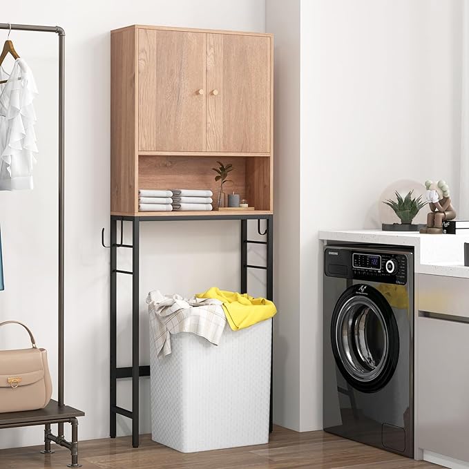 Tangkula Over The Toilet Storage Cabinet, Bathroom Space Saver Organizer with 2 Doors, Metal Stand, 2 Side Hooks, Freestanding Above Toilet Storage Cabinet for Restroom Laundry (Natural)