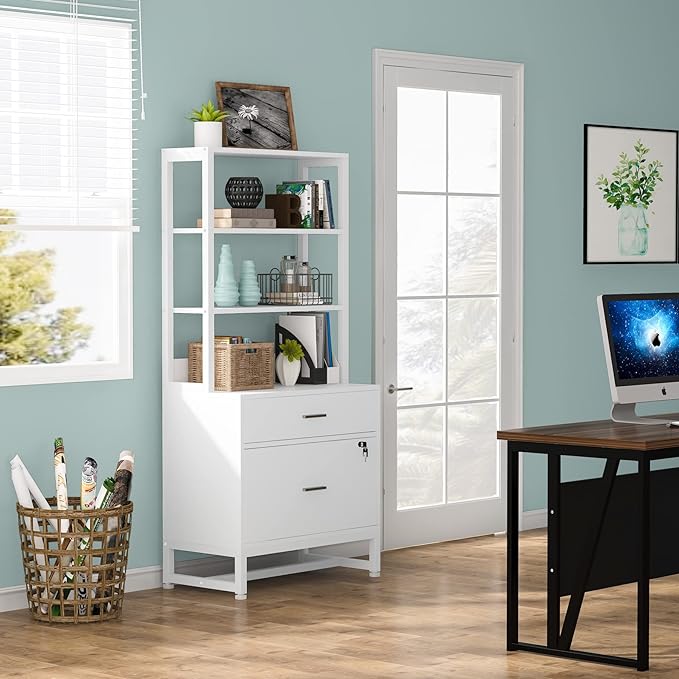 Tribesigns 2 Drawer Vertical File Cabinet with Lock & Bookshelf, Letter Size Large Modern Filing Cabinet Printer Stand with Open Storage Shelves for Home Office, White