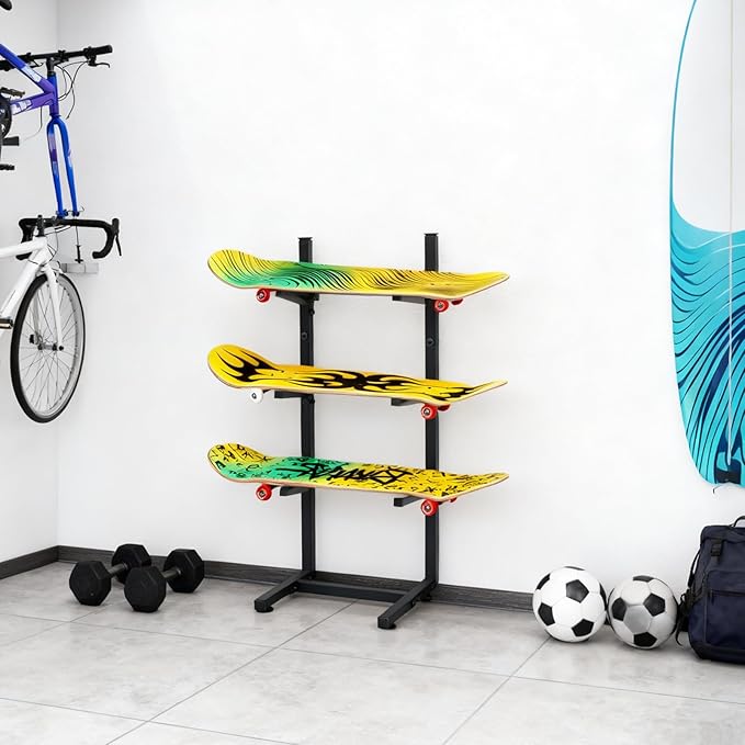Steel Skateboard Rack Floor Stand, 3-Layer Skateboard Holder,Snowboard Storage Rack, Skateboard Holder Floor for Deck,Longboard,Snowboard, Standard Skateboards, Mini Cruiser Skateboard