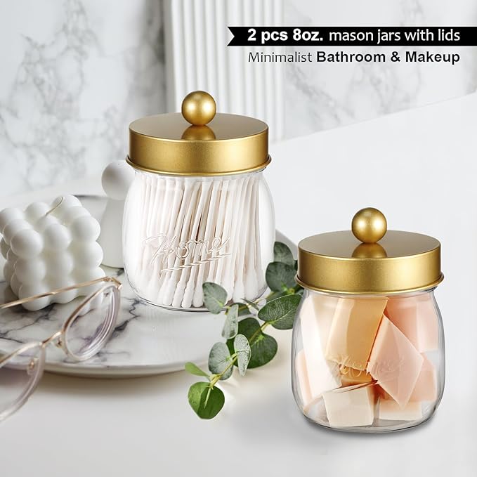 Farmhouse Decor Apothecary Jar Set, Mason Jar Bathroom Vanity Storage Organizer Canister-Qtip Holder Plastic Acrylic Jar for Cotton Swabs, Cotton Pad, Floss Pick, Paper Clips, Hair Clip (4 Pack, Gold)