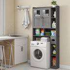Vabches Over The Toilet Storage Cabinet, Bathroom Shelf Over Toilet with Glass Doors and Adjustable Shelves, Natural Grey Freestanding Home Space Save Toilet Rack, for Restroom, Bathroom, Laundry